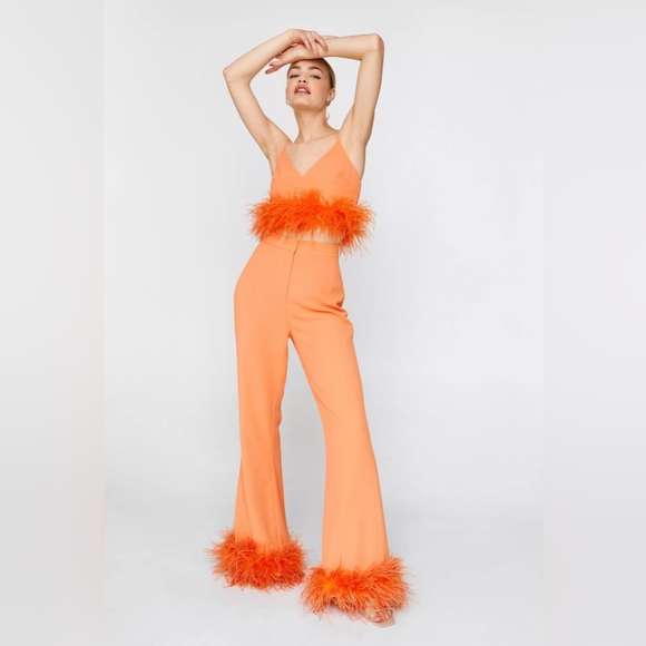 NastyGal Feather Trim Kick Flare Trousers - Picture 1 of 3
